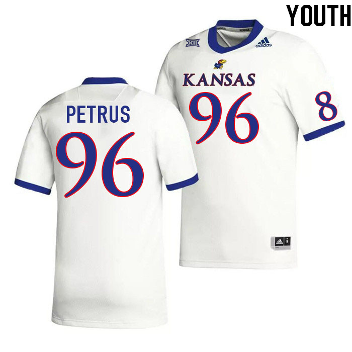 Youth #96 Cole Petrus Kansas Jayhawks College Football Jerseys Stitched Sale-White - Click Image to Close